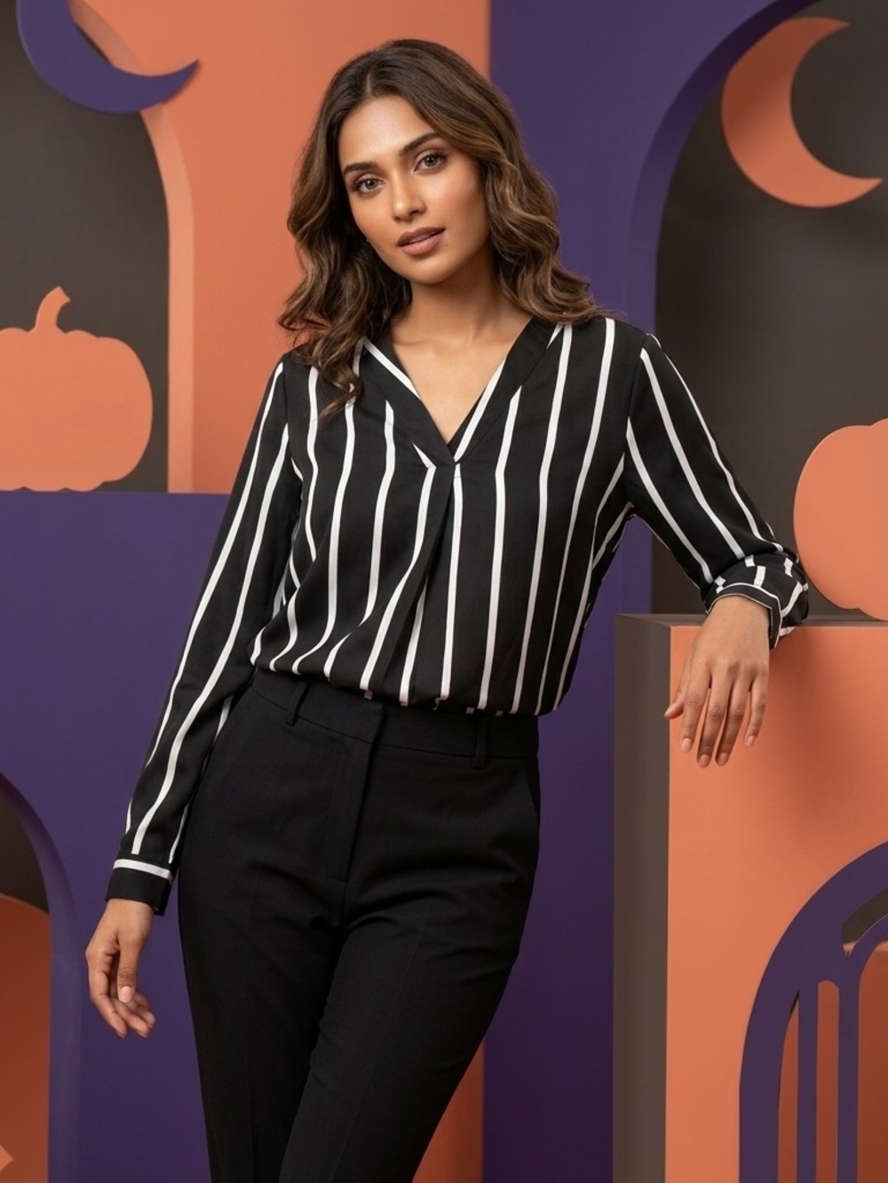 Black & White Vertical Stripe V-Neck Blouse - Women
